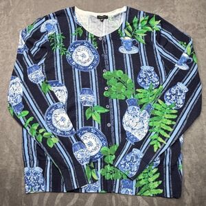 Talbots Charming Cardigan Sweater XL Navy Blue Chinoiserie Pottery Floral Spring